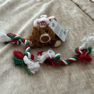Holiday Plush Dog Toy with 2 Rope toy - Brown, Red, Green